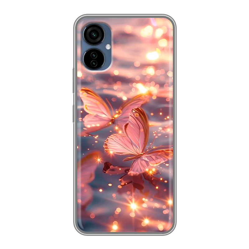 Силиконовый противоударный чехол на Tecno Camon 19 Neo с принтом бабочки розовые Силиконовый противоударный чехол на Tecno Camon 19 Neo с принтом бабочки розовые