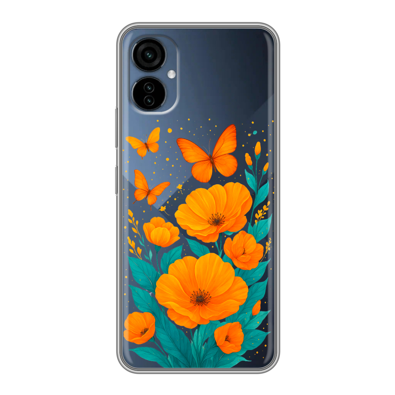 Силиконовый чехол на Tecno Camon 19 Neo с принтом цветы бабочки Силиконовый чехол на Tecno Camon 19 Neo с принтом цветы бабочки