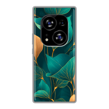 Силиконовый чехол на Tecno Phantom X2 с принтом Листья и золото