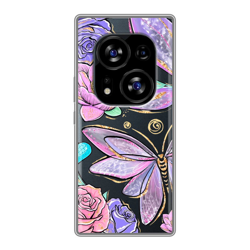 Силиконовый чехол на Tecno Phantom X2 с принтом Бабочки и цветы Силиконовый чехол на Tecno Phantom X2 с принтом Бабочки и цветы