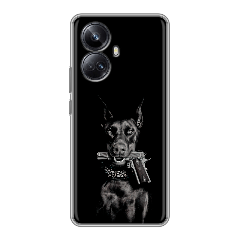 Силиконовый противоударный чехол на Realme 10 Pro Plus с принтом Доберман и пистолет Силиконовый противоударный чехол на Realme 10 Pro Plus с принтом Доберман и пистолет