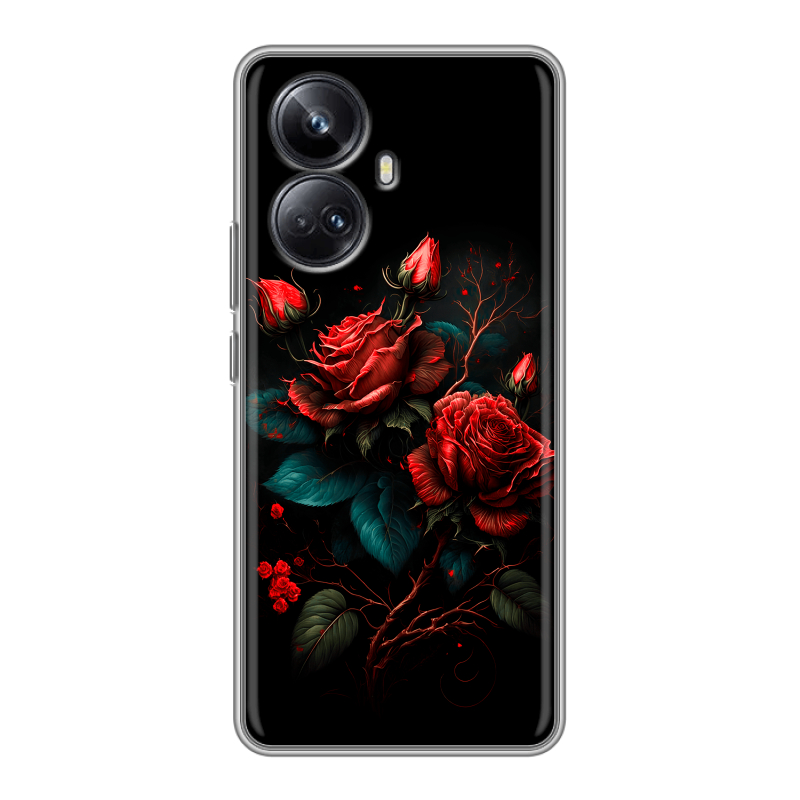 Силиконовый противоударный чехол на Realme 10 Pro Plus с принтом Розы красные Силиконовый противоударный чехол на Realme 10 Pro Plus с принтом Розы красные
