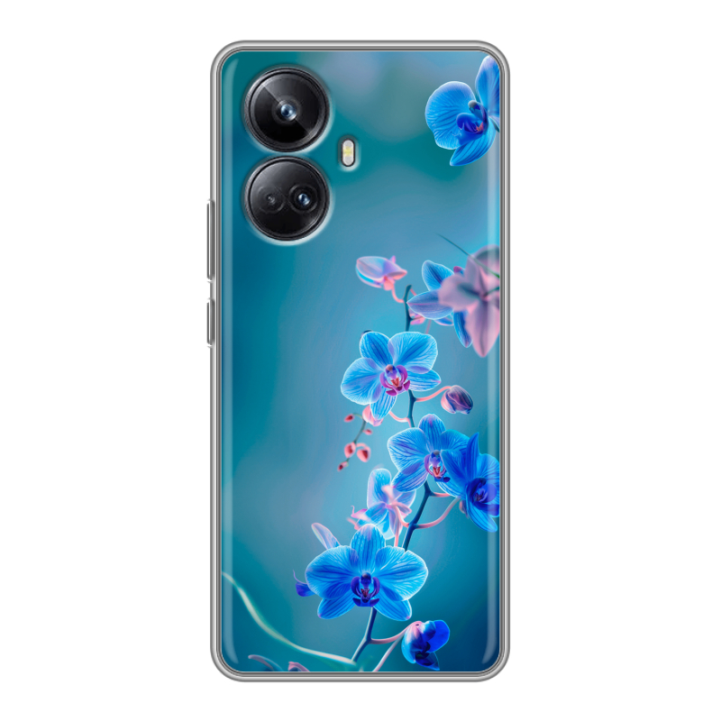 Силиконовый противоударный чехол на Realme 10 Pro Plus с принтом Голубые цветы Силиконовый противоударный чехол на Realme 10 Pro Plus с принтом Голубые цветы
