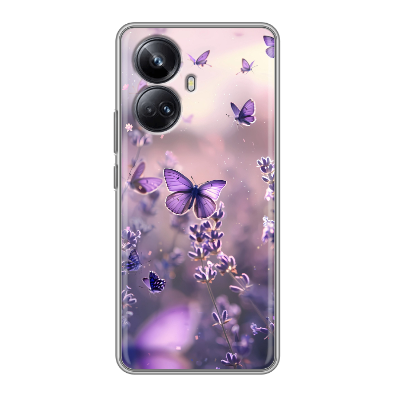 Силиконовый противоударный чехол на Realme 10 Pro Plus с принтом бабочки и лаванда Силиконовый противоударный чехол на Realme 10 Pro Plus с принтом бабочки и лаванда