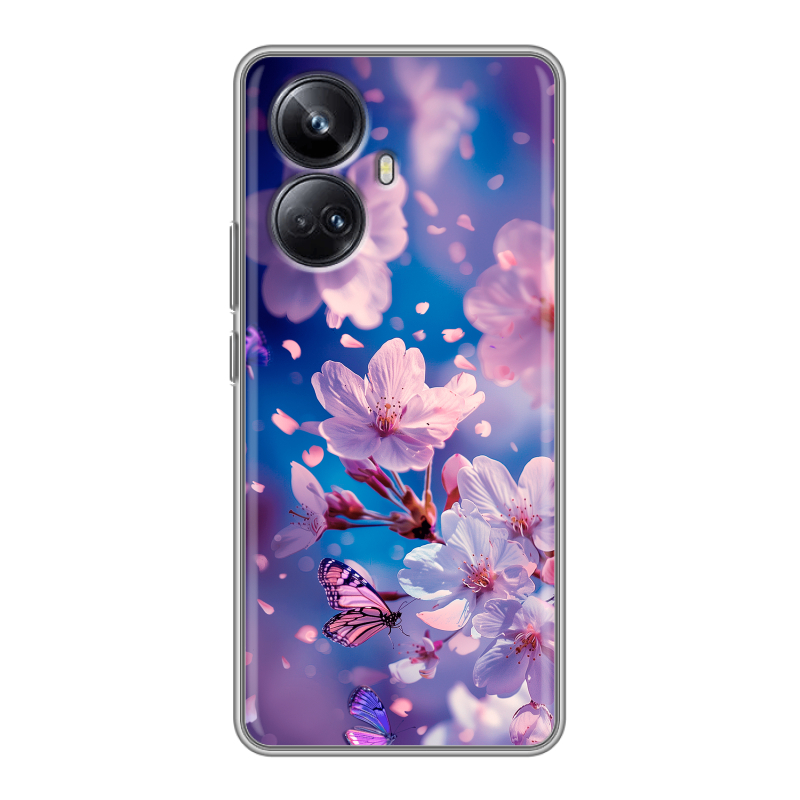 Силиконовый противоударный чехол на Realme 10 Pro Plus с принтом цветы бабочки Силиконовый противоударный чехол на Realme 10 Pro Plus с принтом цветы бабочки