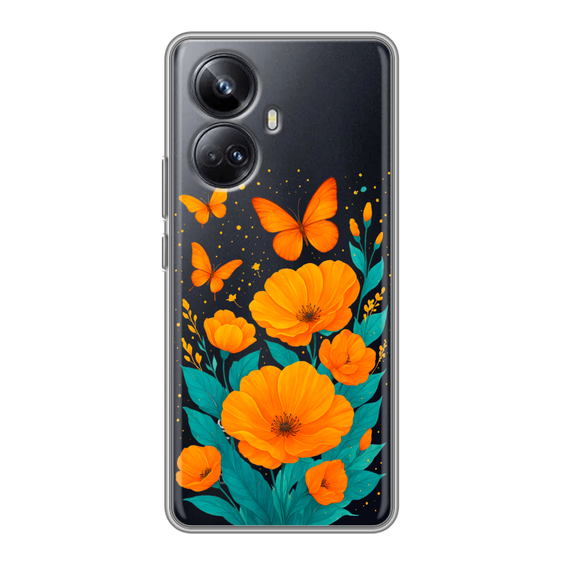 Силиконовый чехол на Realme 10 Pro Plus с принтом цветы бабочки Силиконовый чехол на Realme 10 Pro Plus с принтом цветы бабочки