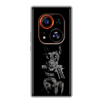 Силиконовый чехол на Tecno Phantom X2 Pro с принтом Доберман и пистолет