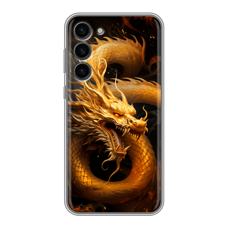 Силиконовый противоударный чехол на Samsung Galaxy S23 Plus с принтом Золотой дракон Силиконовый противоударный чехол на Samsung Galaxy S23 Plus с принтом Золотой дракон