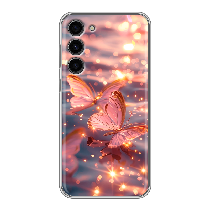 Силиконовый противоударный чехол на Samsung Galaxy S23 Plus с принтом бабочки розовые Силиконовый противоударный чехол на Samsung Galaxy S23 Plus с принтом бабочки розовые