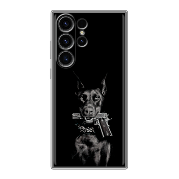 Силиконовый чехол на Samsung Galaxy S23 Ultra с принтом Доберман и пистолет Силиконовый чехол на Samsung Galaxy S23 Ultra с принтом Доберман и пистолет