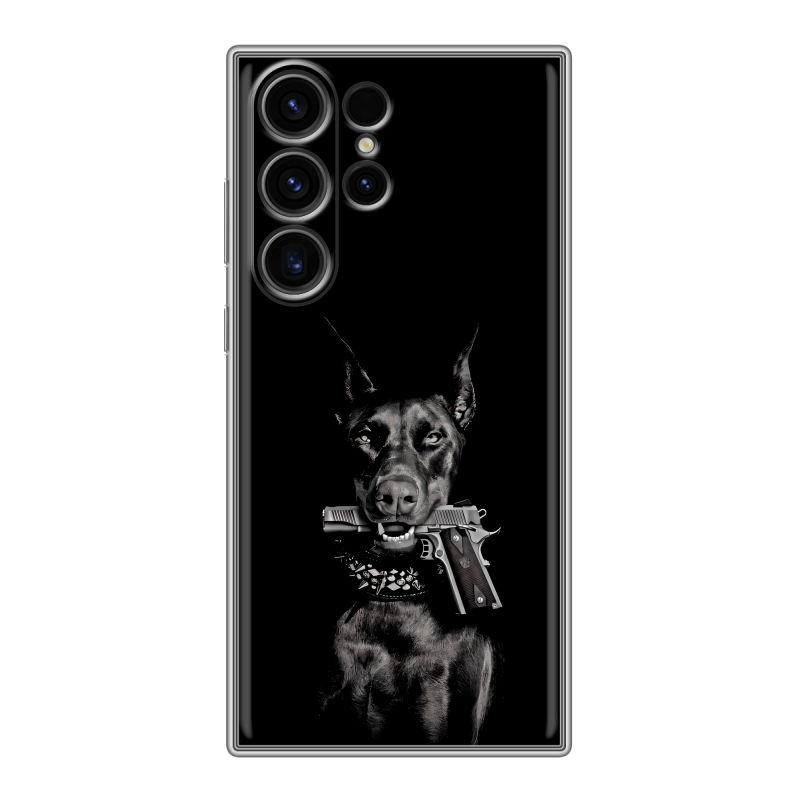 Силиконовый чехол на Samsung Galaxy S23 Ultra с принтом Доберман и пистолет Силиконовый чехол на Samsung Galaxy S23 Ultra с принтом Доберман и пистолет