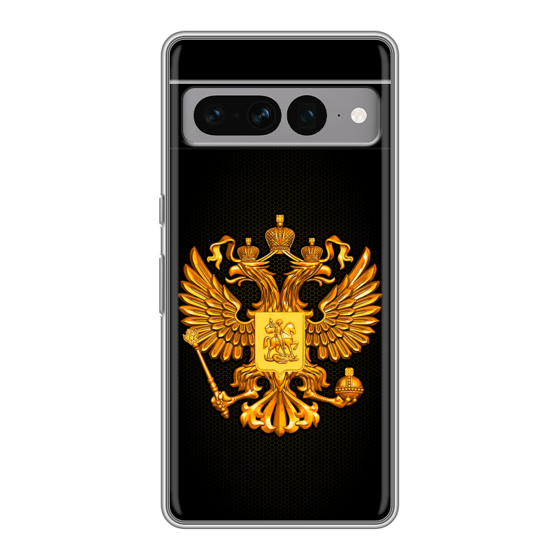 Силиконовый противоударный чехол на Google Pixel 7 Pro с принтом Герб России желтый Силиконовый противоударный чехол на Google Pixel 7 Pro с принтом Герб России желтый