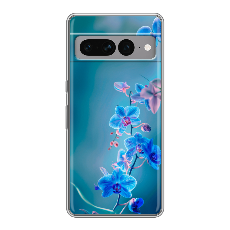 Силиконовый противоударный чехол на Google Pixel 7 Pro с принтом Голубые цветы Силиконовый противоударный чехол на Google Pixel 7 Pro с принтом Голубые цветы