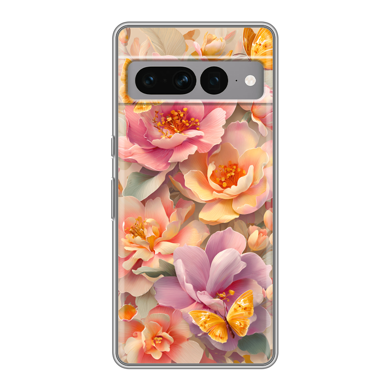 Силиконовый противоударный чехол на Google Pixel 7 Pro с принтом Цветы и бабочки Силиконовый противоударный чехол на Google Pixel 7 Pro с принтом Цветы и бабочки
