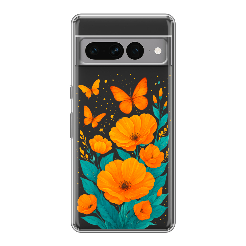 Силиконовый чехол на Google Pixel 7 Pro с принтом цветы бабочки Силиконовый чехол на Google Pixel 7 Pro с принтом цветы бабочки