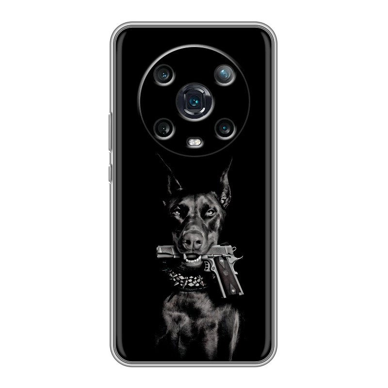 Силиконовый противоударный чехол на Huawei Honor Magic 4 Pro с принтом Доберман и пистолет Силиконовый противоударный чехол на Huawei Honor Magic 4 Pro с принтом Доберман и пистолет