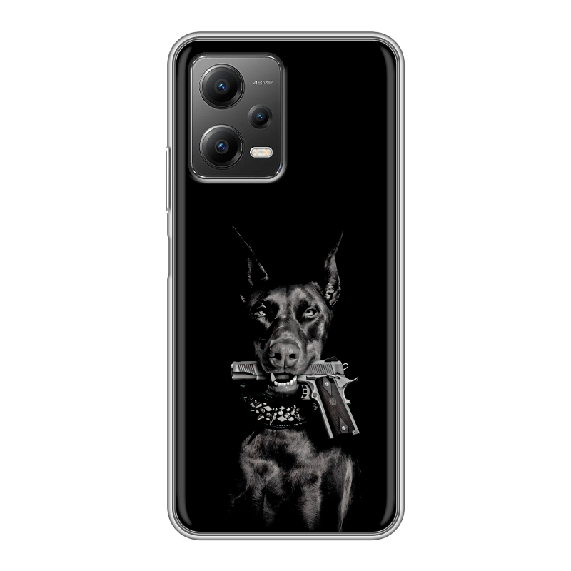 Силиконовый чехол на Xiaomi Poco X5 с принтом Доберман и пистолет Силиконовый чехол на Xiaomi Poco X5 с принтом Доберман и пистолет