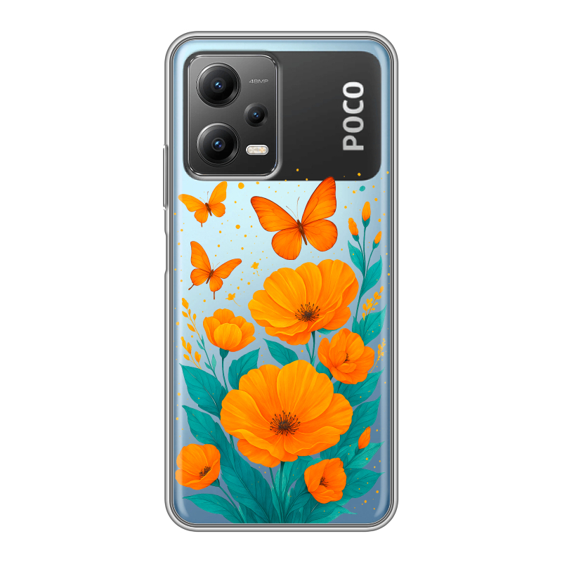 Силиконовый чехол на Xiaomi Poco X5 с принтом цветы бабочки Силиконовый чехол на Xiaomi Poco X5 с принтом цветы бабочки
