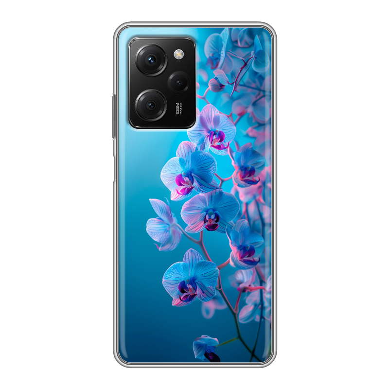 Силиконовый противоударный чехол на Xiaomi Poco X5 Pro с принтом голубые орхидеи Силиконовый противоударный чехол на Xiaomi Poco X5 Pro с принтом голубые орхидеи