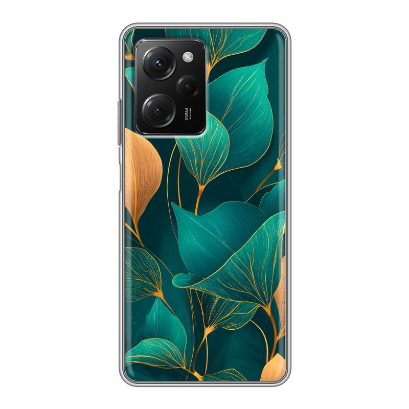 Силиконовый противоударный чехол на Xiaomi Poco X5 Pro с принтом Листья и золото Силиконовый противоударный чехол на Xiaomi Poco X5 Pro с принтом Листья и золото