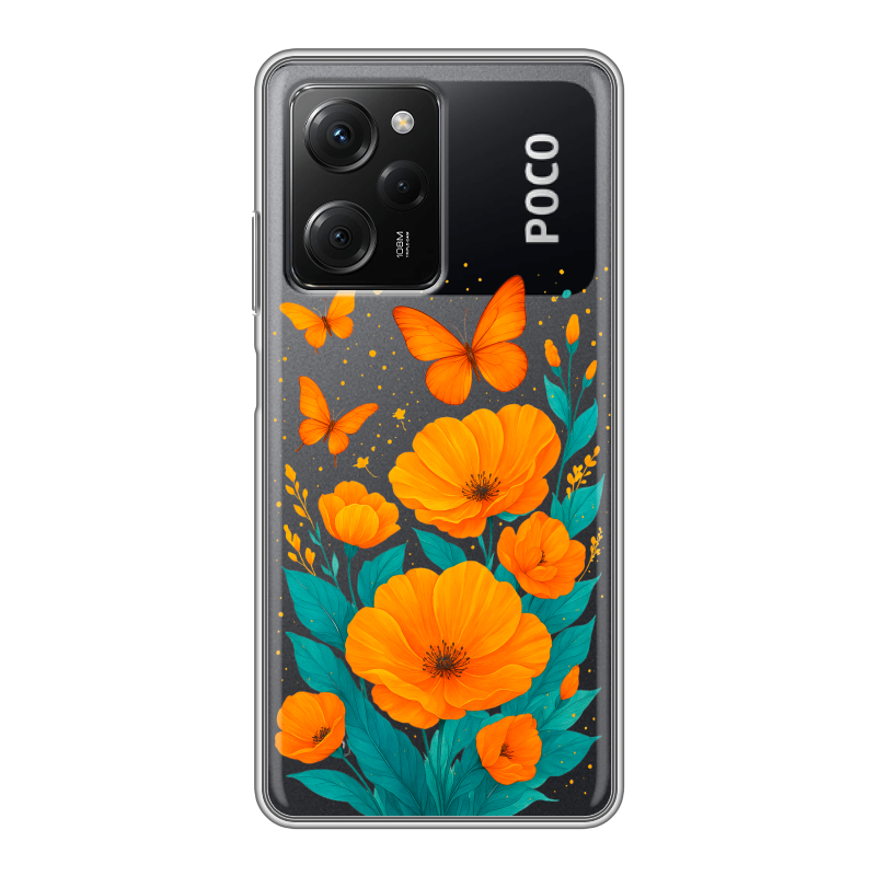 Силиконовый противоударный чехол на Xiaomi Poco X5 Pro с принтом цветы бабочки Силиконовый противоударный чехол на Xiaomi Poco X5 Pro с принтом цветы бабочки