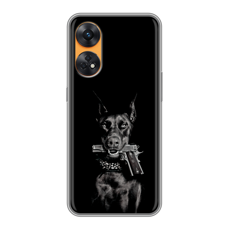 Силиконовый противоударный чехол на OPPO Reno8 T с принтом Доберман и пистолет Силиконовый противоударный чехол на OPPO Reno8 T с принтом Доберман и пистолет