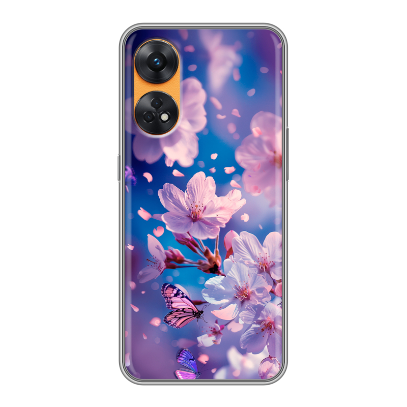 Силиконовый чехол на OPPO Reno8 T с принтом цветы бабочки Силиконовый чехол на OPPO Reno8 T с принтом цветы бабочки