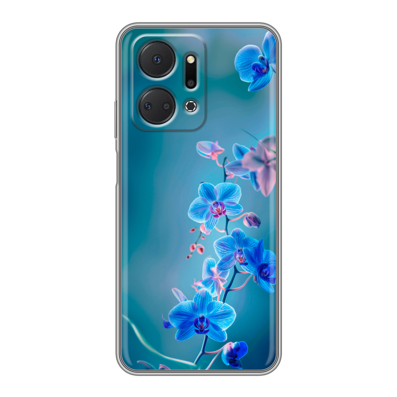 Силиконовый противоударный чехол на Huawei Honor X7a с принтом Голубые цветы Силиконовый противоударный чехол на Huawei Honor X7a с принтом Голубые цветы