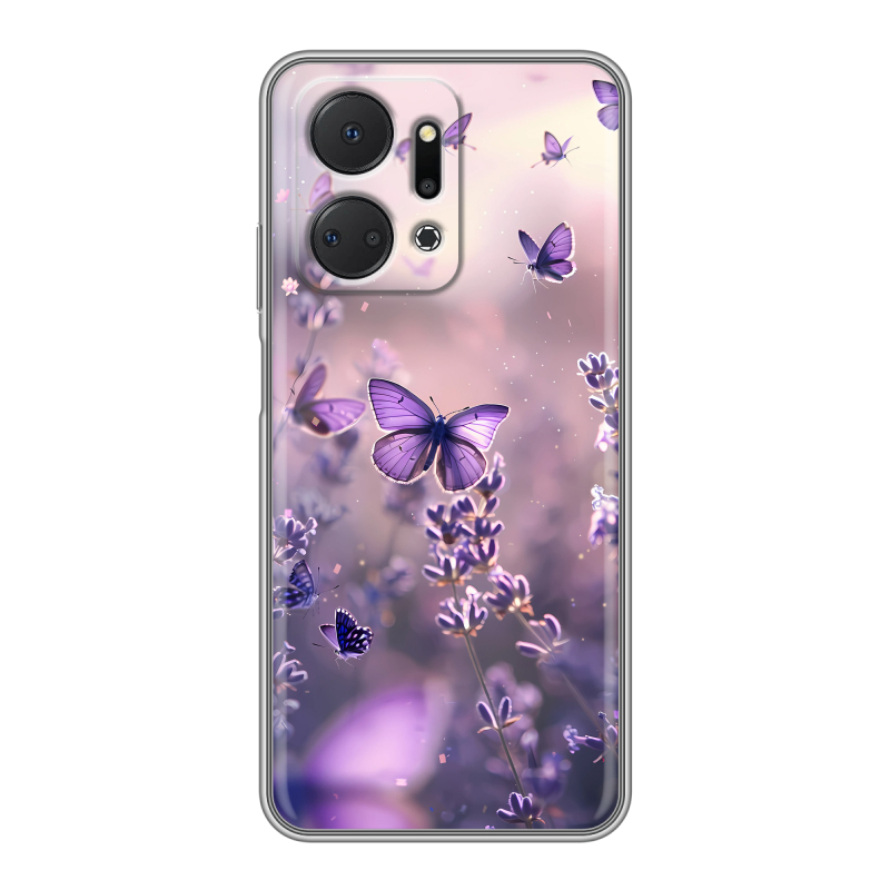 Силиконовый противоударный чехол на Huawei Honor X7a с принтом бабочки и лаванда Силиконовый противоударный чехол на Huawei Honor X7a с принтом бабочки и лаванда
