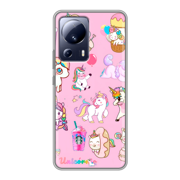 Силиконовый чехол на Xiaomi 13 Lite с принтом розовые единороги Силиконовый чехол на Xiaomi 13 Lite с принтом розовые единороги