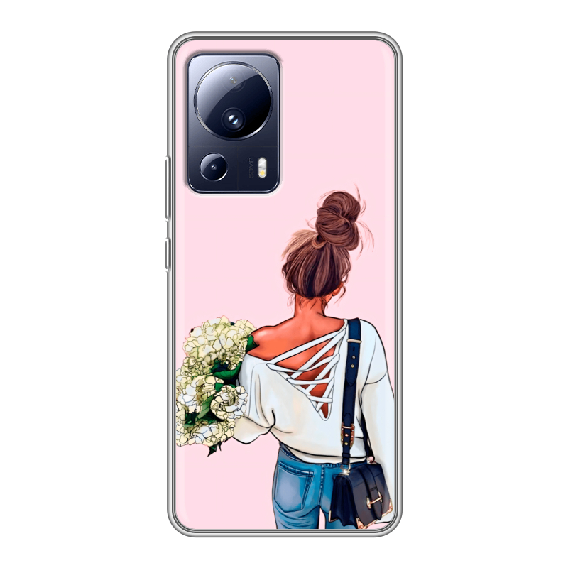 Силиконовый противоударный чехол на Xiaomi 13 Lite с принтом Девушка и букет Силиконовый противоударный чехол на Xiaomi 13 Lite с принтом Девушка и букет