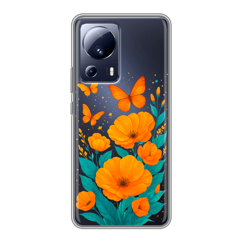 Силиконовый чехол на Xiaomi 13 Lite с принтом цветы бабочки Силиконовый чехол на Xiaomi 13 Lite с принтом цветы бабочки