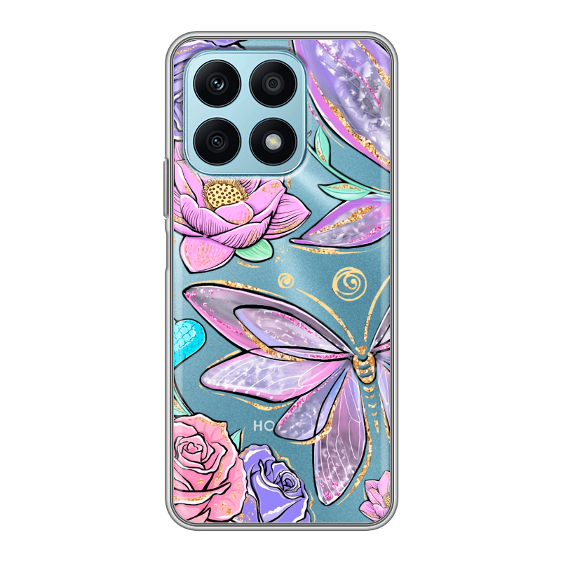 Силиконовый противоударный чехол на Huawei Honor X8a с принтом Бабочки и цветы Силиконовый противоударный чехол на Huawei Honor X8a с принтом Бабочки и цветы