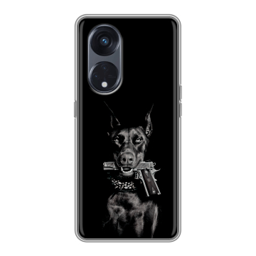 Силиконовый чехол на OPPO Reno8 T 5G с принтом Доберман и пистолет Силиконовый чехол на OPPO Reno8 T 5G с принтом Доберман и пистолет