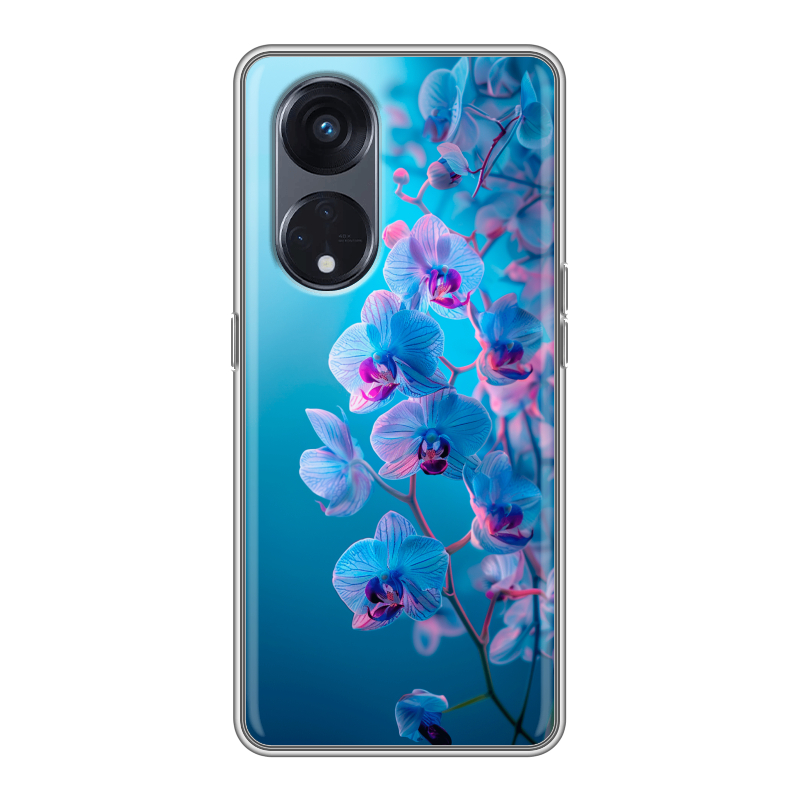 Силиконовый противоударный чехол на OPPO Reno8 T 5G с принтом голубые орхидеи Силиконовый противоударный чехол на OPPO Reno8 T 5G с принтом голубые орхидеи