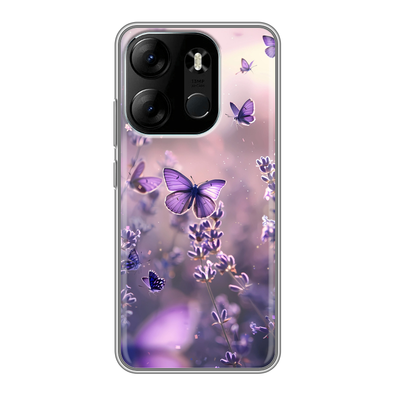 Силиконовый противоударный чехол на Tecno Spark Go 2023 с принтом бабочки и лаванда Силиконовый противоударный чехол на Tecno Spark Go 2023 с принтом бабочки и лаванда