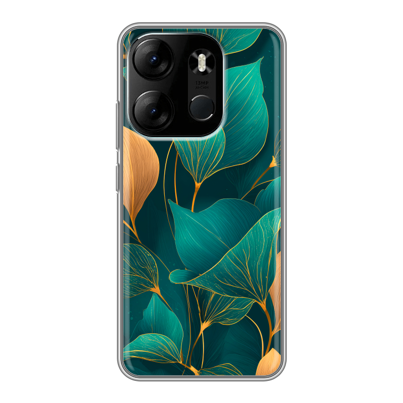 Силиконовый противоударный чехол на Tecno Spark Go 2023 с принтом Листья и золото Силиконовый противоударный чехол на Tecno Spark Go 2023 с принтом Листья и золото