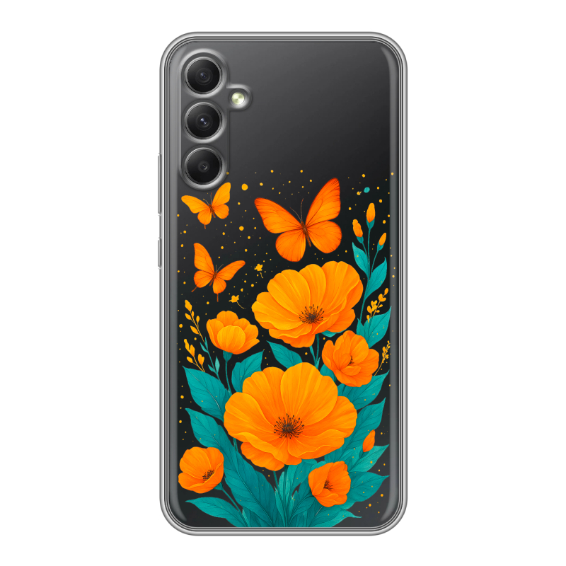 Силиконовый чехол на Samsung Galaxy A34 5G с принтом цветы бабочки Силиконовый чехол на Samsung Galaxy A34 5G с принтом цветы бабочки