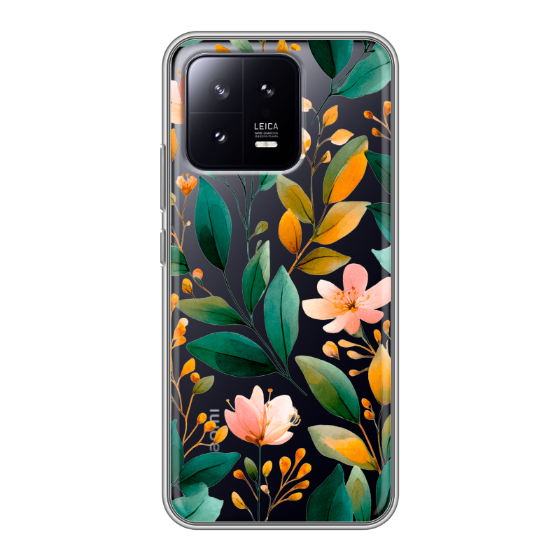 Силиконовый противоударный чехол на Xiaomi 13 с принтом Цветы паттерн Силиконовый противоударный чехол на Xiaomi 13 с принтом Цветы паттерн