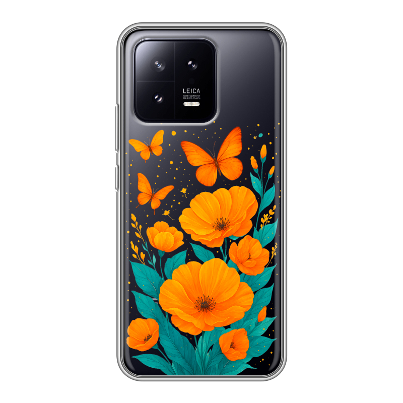 Силиконовый противоударный чехол на Xiaomi 13 с принтом цветы бабочки Силиконовый противоударный чехол на Xiaomi 13 с принтом цветы бабочки