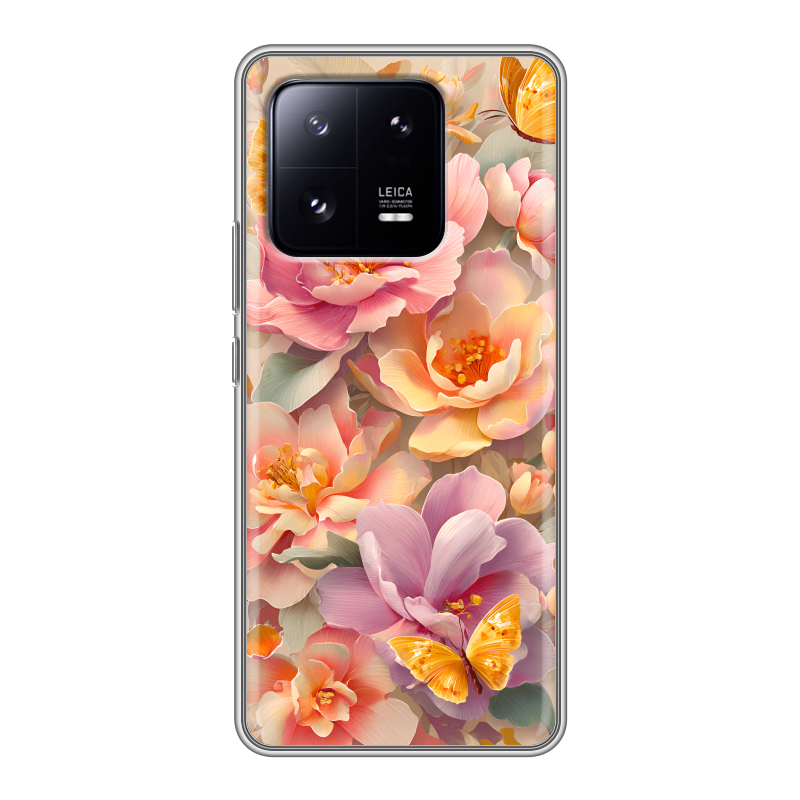 Силиконовый противоударный чехол на Xiaomi 13 Pro с принтом Цветы и бабочки Силиконовый противоударный чехол на Xiaomi 13 Pro с принтом Цветы и бабочки