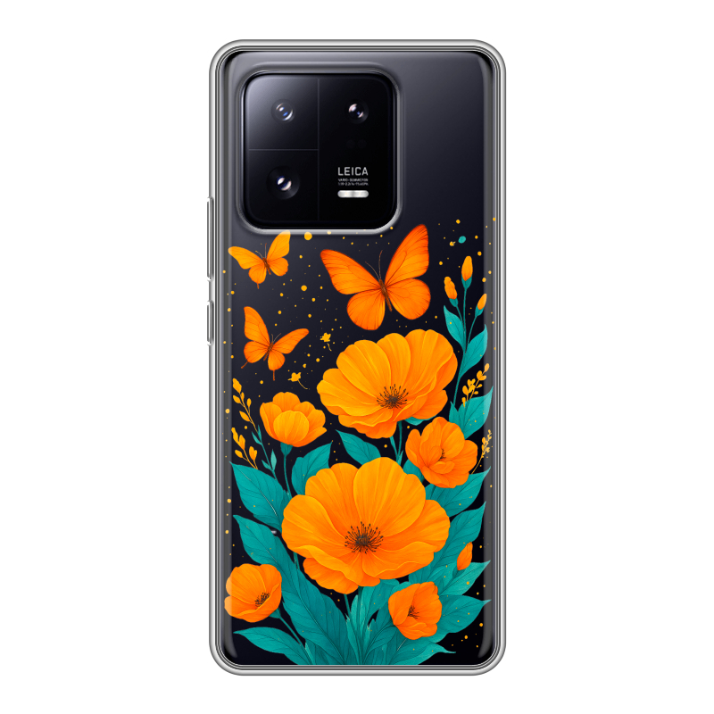 Силиконовый чехол на Xiaomi 13 Pro с принтом цветы бабочки Силиконовый чехол на Xiaomi 13 Pro с принтом цветы бабочки