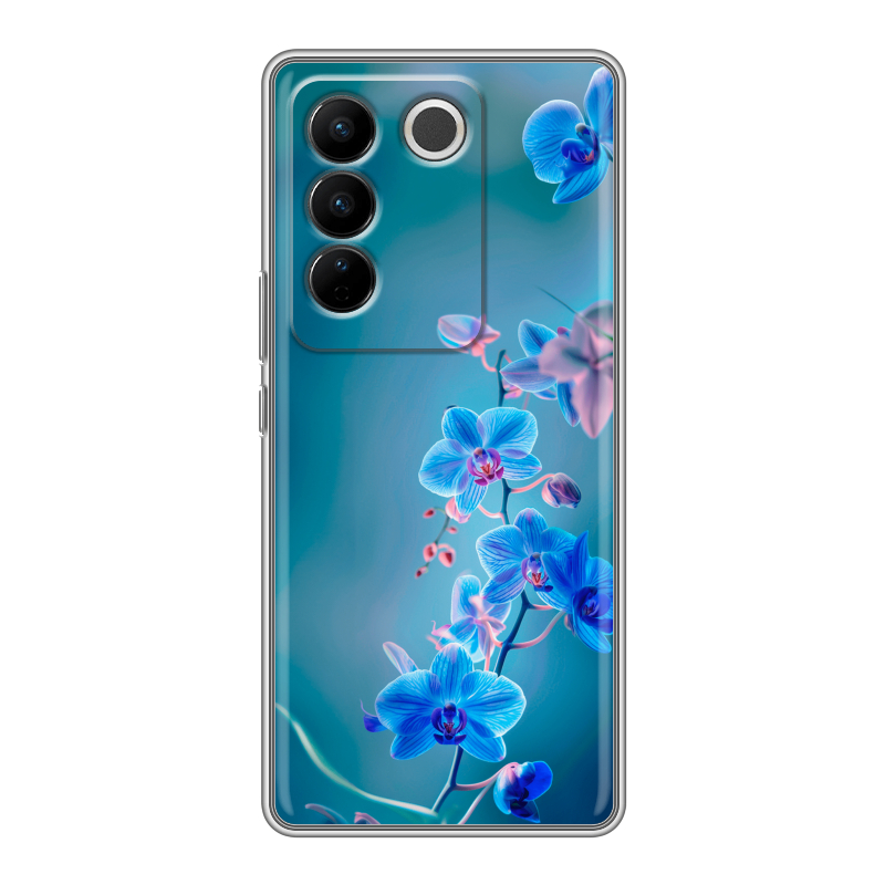 Силиконовый противоударный чехол на Vivo V27 с принтом Голубые цветы Силиконовый противоударный чехол на Vivo V27 с принтом Голубые цветы
