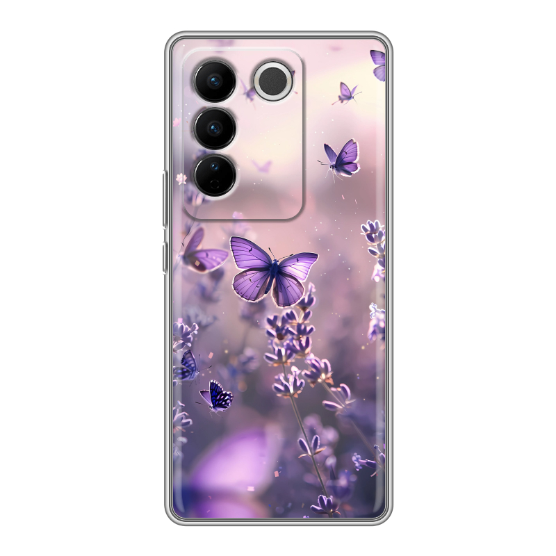 Силиконовый противоударный чехол на Vivo V27 с принтом бабочки и лаванда Силиконовый противоударный чехол на Vivo V27 с принтом бабочки и лаванда