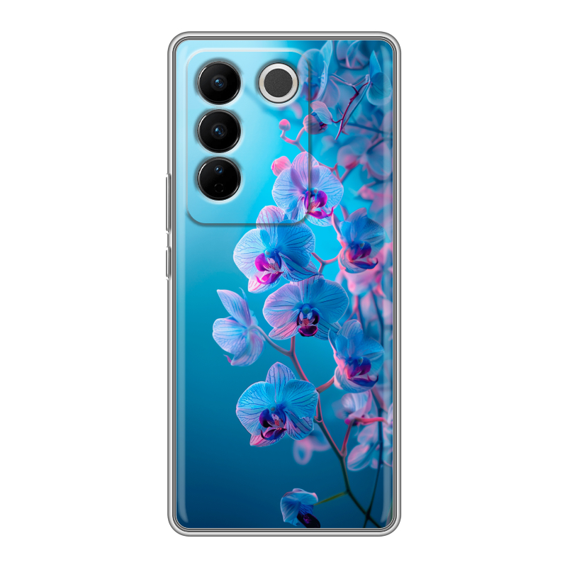 Силиконовый противоударный чехол на Vivo V27 с принтом голубые орхидеи Силиконовый противоударный чехол на Vivo V27 с принтом голубые орхидеи