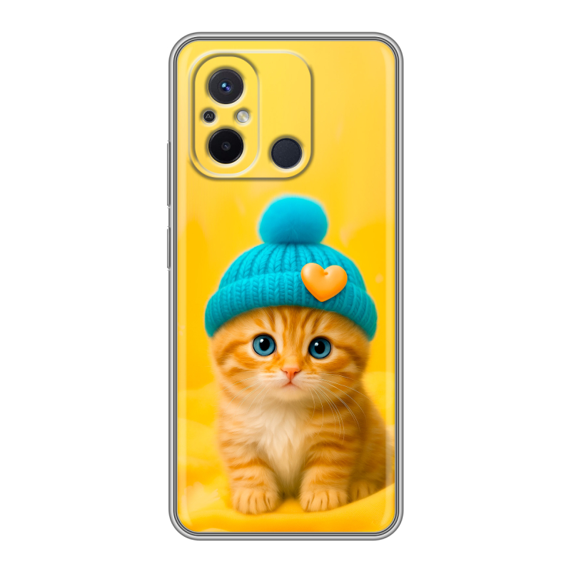Силиконовый противоударный чехол на Xiaomi RedMi 12C с принтом Котенок в шапке Силиконовый противоударный чехол на Xiaomi RedMi 12C с принтом Котенок в шапке