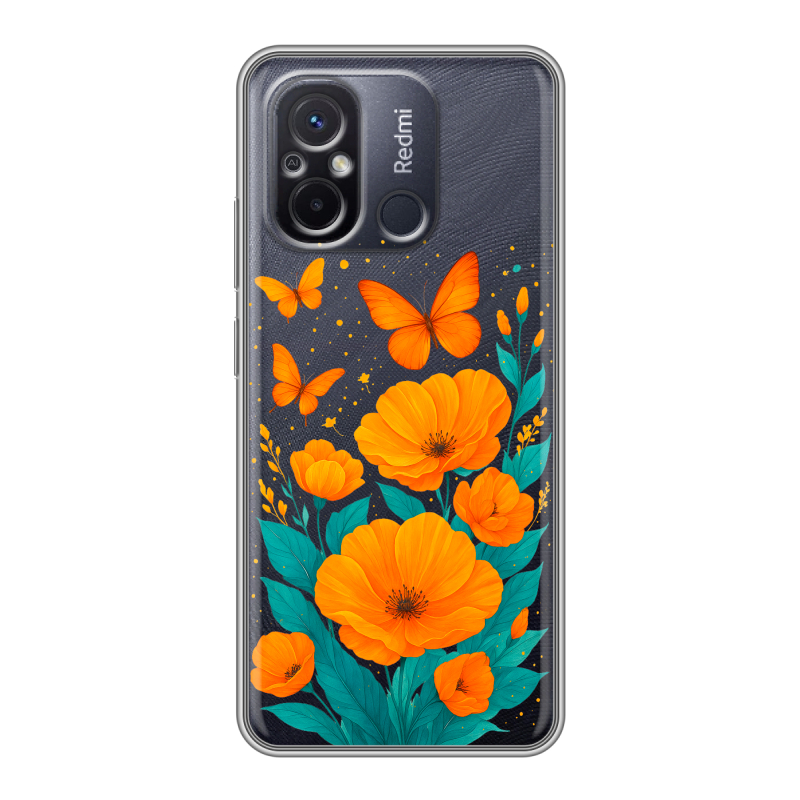 Силиконовый чехол на Xiaomi RedMi 12C с принтом цветы бабочки Силиконовый чехол на Xiaomi RedMi 12C с принтом цветы бабочки