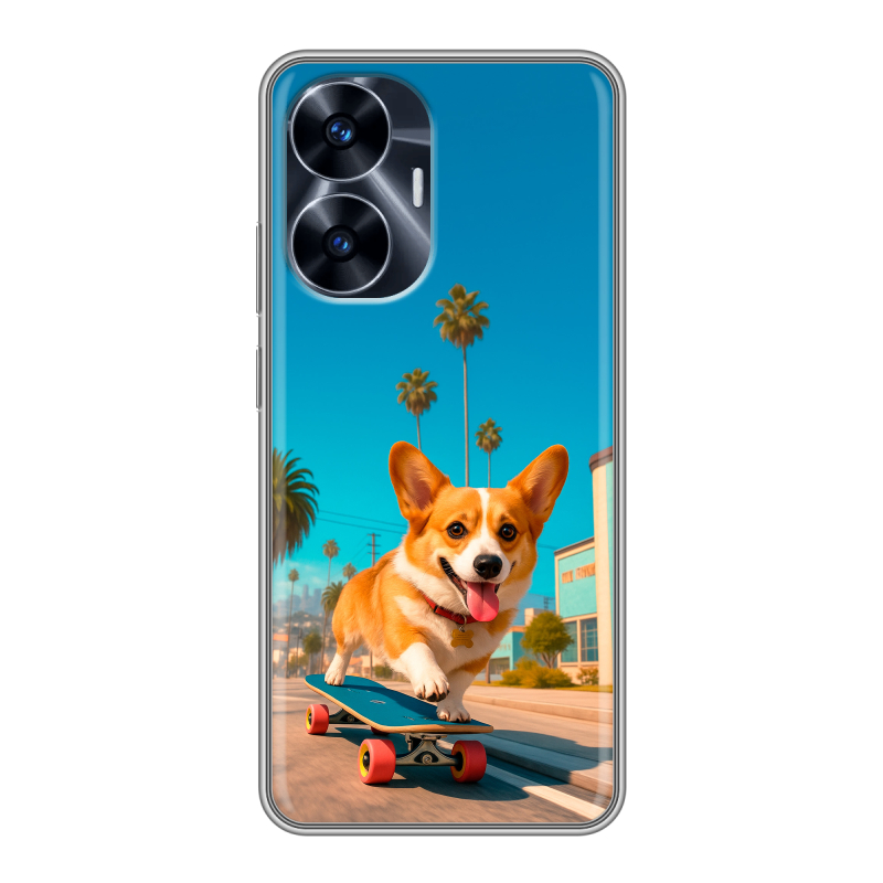 Силиконовый чехол на Realme C55 с принтом Корги на скейте Силиконовый чехол на Realme C55 с принтом Корги на скейте