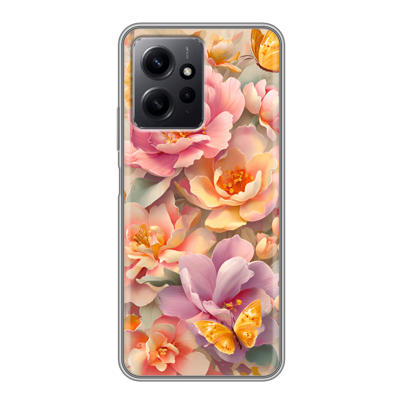 Силиконовый противоударный чехол на Xiaomi RedMi Note 12 с принтом Цветы и бабочки Силиконовый противоударный чехол на Xiaomi RedMi Note 12 с принтом Цветы и бабочки