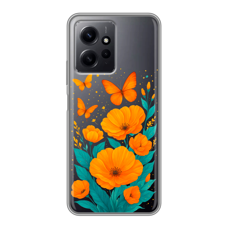Силиконовый чехол на Xiaomi RedMi Note 12 с принтом цветы бабочки Силиконовый чехол на Xiaomi RedMi Note 12 с принтом цветы бабочки